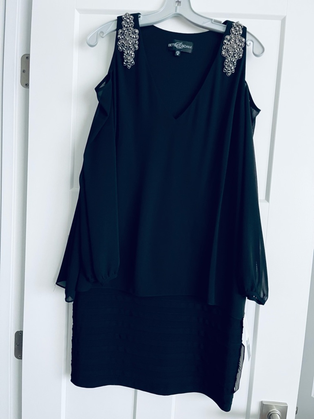 Betsy & Adam Black Cold-Shoulder Dress with Jeweled Shoulders